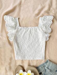SHEIN Tween Girl Fashion Casual Knit Jacquard Square Neck Top - White - View 2