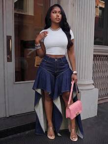 Slaydiva Women's Designer Button Pocket Front Short Back Long Denim Jeans - Blue - View 6