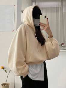 DAZY Women's Solid Color Hooded Oversized Cropped Sweatshirt - Yellow - View 5