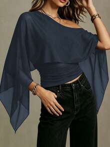 Ritzy Row Women's Solid Color Ruched Asymmetric Neck Casual Versatile Daily Commute Blouse - Blue - View 5