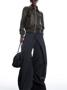 LYSMO Jaket Kasual Wanita Lengan Panjang Kulit PU Motif Blok Warna dengan Resleting Depan - Dark Green - View 5