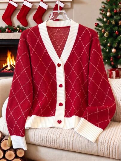 SHEIN Franclia Elegant Young Lady Loose V-Neck Long Sleeve Knit Plaid Jacquard Contrast Trim Heart Button Red Women's Autumn/Winter Cardigan