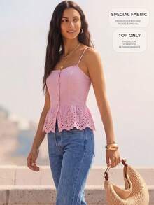 CAJUNI Women's Sweet Vacation Button Embroidered Hollow Out Camisole - Pink - View 9