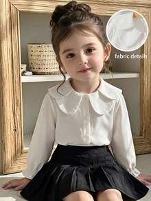 SHEIN Elladie kids 女童時尚甜美可愛領口白色荷葉邊長袖襯衫，學院風百搭上衣，適合日常優雅休閒穿著與校園秋季穿搭 - 白色 - 查看 2