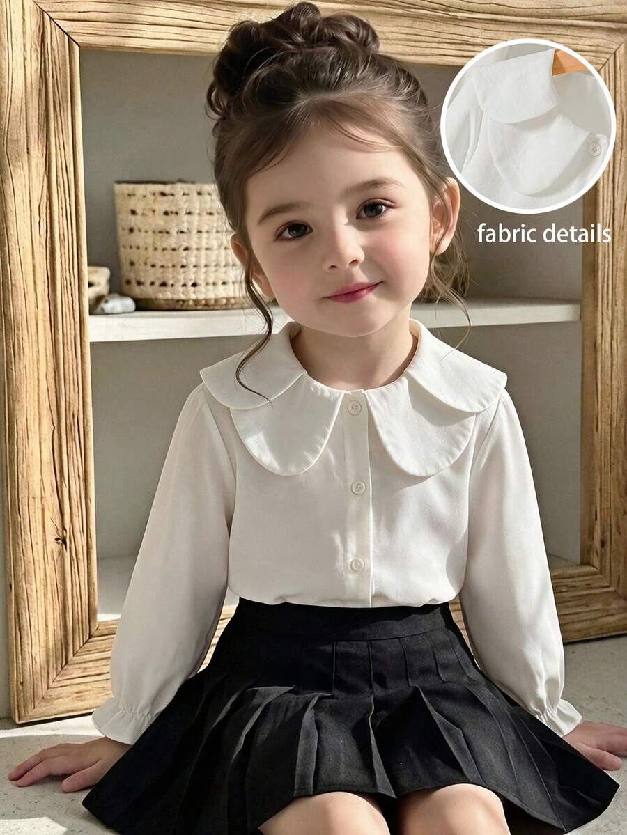 SHEIN Elladie kids 女童時尚甜美可愛領口白色荷葉邊長袖襯衫，學院風百搭上衣，適合日常優雅休閒穿著與校園秋季穿搭