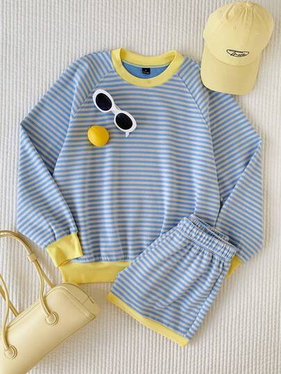 Comfortcana Women's 2 Pieces Set Fashion Versatile Contrast Color Striped Knit Fabric Loose Drop Shoulder Everyday Lounge Blue And White Striped Autumn Casual