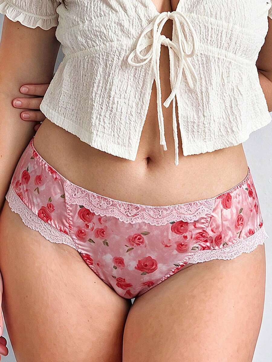 Elorette 花卉粉色盛開緞面蕾絲拼接浪漫優雅三角內褲田園風大尺碼內衣 - 淺粉色 - 查看 1