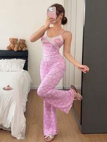 SweetSlumber Women's Sweet Ins Style Contrast Color Bow Heart Print Patchwork Criss-Cross Lace Bow Camisole & Flare Pants Comfortable Slimming Pajama Set - Pink - View 3
