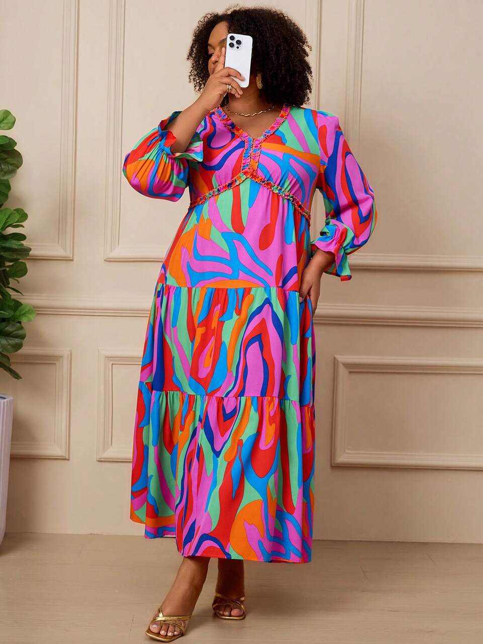 Plus Size Women's Autumn/Winter Casual Vacation Country All Printed Long Ruffle Dress ,Going Out,Fall, Party Dress, Festival,Flowy Dress,Concert