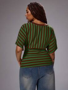 Rustia Plus Size Spring/Summer V-Neck Asymmetrical Striped Short Sleeve T-Shirt - Green - View 2