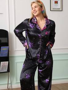 Chillnights Conjunto de pijama joven Moon Cat con bloques de color, estampado de leopardo, patrón geométrico, cuello de solapa, satén, cómodo, talla grande - Negro - Ver 1