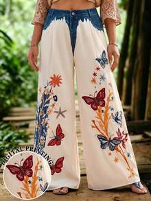 SHEIN LUNE CURVE Women's Plus Size Butterfly Print Long Pants, Casual Bottoms Fall - Multicolor - View 4