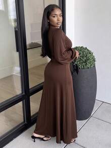 Glyssa Women's Elegant Vintage Metal Buckle Decor Long Sleeve Slit Dress For Party Dinner Night Date Evening Wear Thanksgiving Dark Brown Autumn - Coffee Brown - View 5