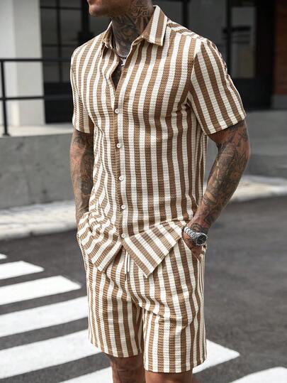 Manfinity CasualCool Men's Fashion Casual Striped Short Sleeve Shirt Set