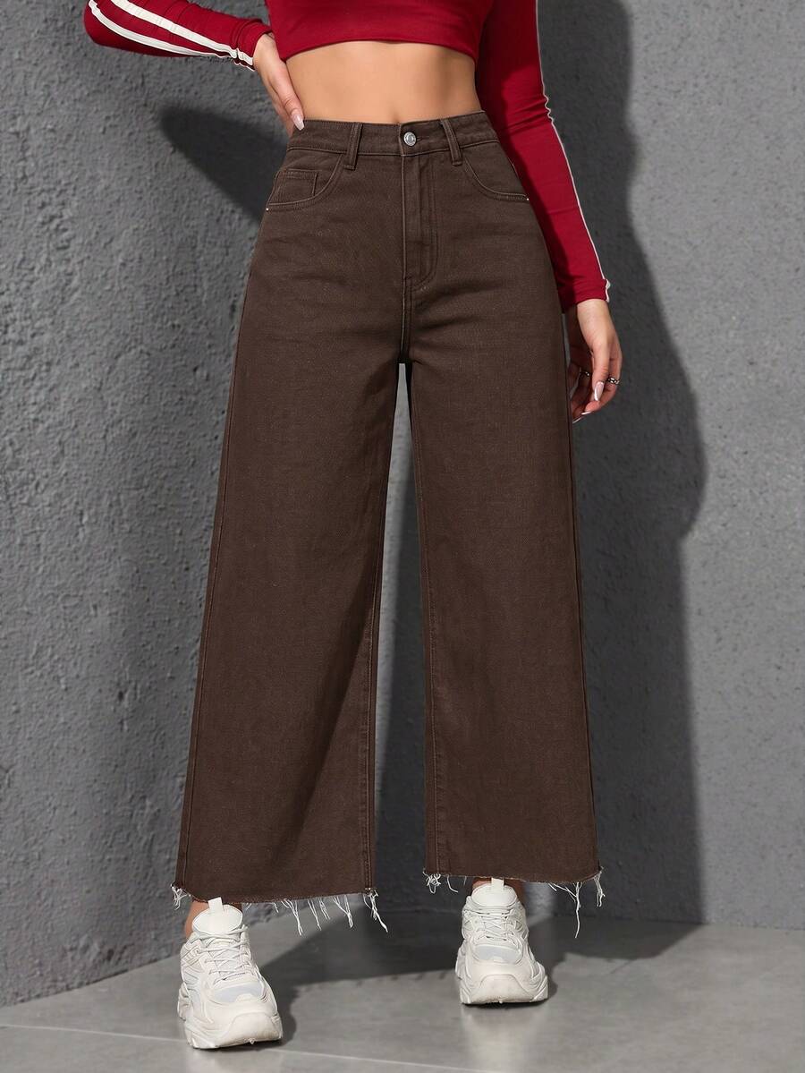EMERY ROSE Jeans de mezclilla de pierna recta lavados casuales - Marrón - Ver 1