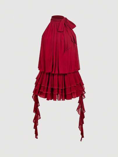 SHEIN MOD Elegante falda roja con cuello halter, volantes en cascada y detalle de lazo para mujeres, vestidos con capas para mujeres, vestido de fiesta, atuendo de Halloween