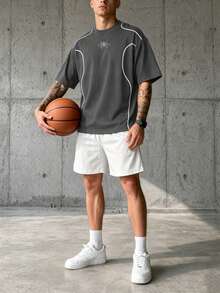 Sport MetroGents 男士圓領蜘蛛印花短袖T恤，黑色底色搭配白色線條對比設計，休閒百搭運動上衣 - 深灰色 - 查看 3
