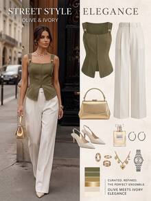 SHEIN Glamour Fashionable Minimalist French Elegant Olive Green White New Front Button Placket Sleeveless Metal Button Decor Shoulder Strap Women's Thin Blazer Vest - Army Green - View 3