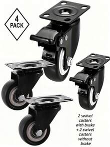 4Pcs Heavy Duty Casters, Silent Swivel & Fixed Wheels With Axle And Brake, Replacement Rollers For Hand Trolleys And Small Trailers - Black - View 9