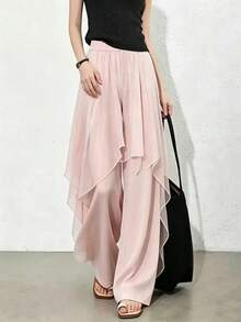 SHEIN Unity Women's Solid Color Elastic Waist Casual Romantic Elegant Versatile Daily Wear Long Pants Party Light Pink Summer - Pink - View 8