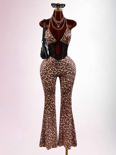 Amplova Damen Leopardenmuster Mesh Patchwork Sexy Lässig Camisole Jumpsuit Mit Schlaghosen Club Nachtausgang Beige Sommer