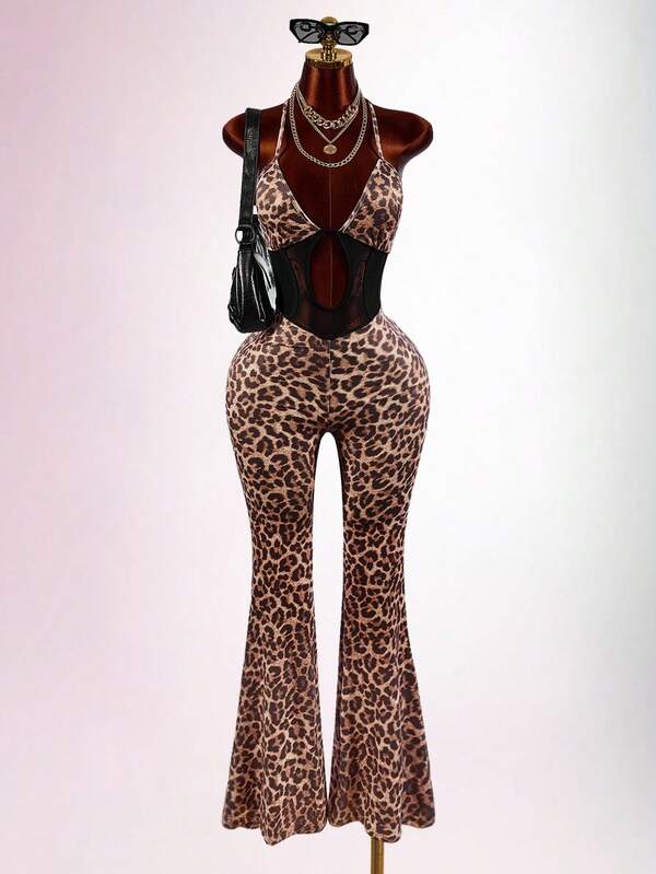 Amplova Women's Leopard Print Mesh Patchwork Sexy Casual Camisole Jumpsuit With Flare Legs