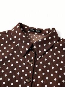 SHEIN Clasi 女士波点图案短袖衬衫和吊带连衣裙休闲两件套 - 棕色 - 查看 5