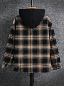 SHEIN 兒童青少年男孩休閒日常舒適格紋拼接連帽寬鬆長袖梭織鈕扣襯衫，適合通勤、上學、日常休閒外出與運動，春夏秋冬四季適用 - 卡其色 - 查看 6