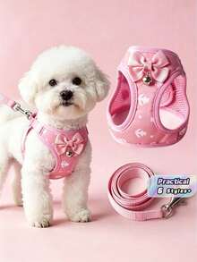 1 Set/2pcs Pink Anchor Pattern Pet Harness And Leash Set, Cute Bow And Bell Decor Breathable Mesh Vest, Adjustable Anti-Pull Harness, Suitable For Small Dogs And Cats, Comfortable Anti-Escape Design, Ideal For Daily Walks And Outdoor Outings - Multicolor - View 1