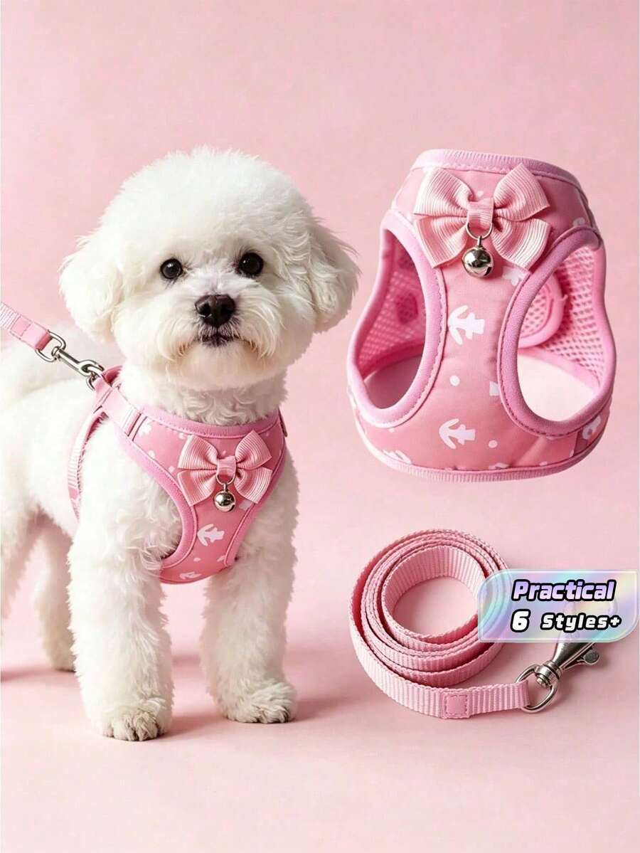 1 Set/2pcs Pink Anchor Pattern Pet Harness And Leash Set, Cute Bow And Bell Decor Breathable Mesh Vest, Adjustable Anti-Pull Harness, Suitable For Small Dogs And Cats, Comfortable Anti-Escape Design, Ideal For Daily Walks And Outdoor Outings - Multicolor - View 1