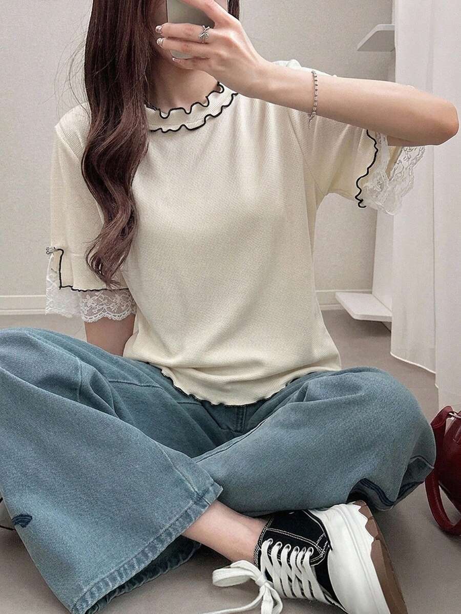 DAZY 女款圓領短袖荷葉邊飾對比滾邊杏色蕾絲拼接寬鬆甜美T恤 - 杏色 - 查看 1