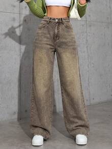 SHEIN EZwear 休閒水洗直筒牛仔褲 - 鏽棕色 - 查看 3
