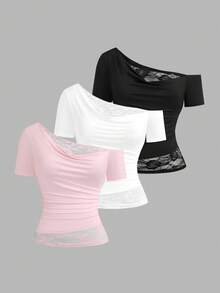 Whyspr Romantic Lace Multi-Piece Set Contrast Color Short Sleeve Asymmetrical Shoulder T-Shirt - Pink - View 1