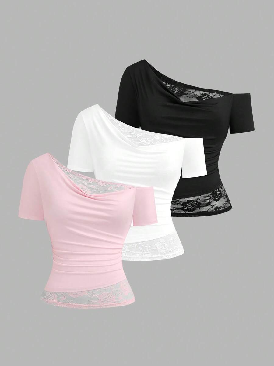 Whyspr Romantic Lace Multi-Piece Set Contrast Color Short Sleeve Asymmetrical Shoulder T-Shirt - Pink - View 1