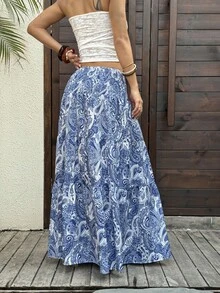 Sunnyshic Women's Casual Bohemian Printed Long Skirt, Suitable For Spring/Summer Holiday Wear - Navy Blue - View 2