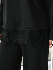 Solflare Plus Size Lace Patchwork Round Neck Long Sleeve T-Shirt And Loose Pants Set Fall - Black - View 7