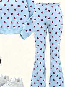 Tween Girls Casual Minimalist Polka Dot Print Crew Neck Sweatshirt & Flare Pants Set, Red Polka Dot Contrast Digital Print Pattern, Autumn/Winter Design, Versatile, Casual Comfortable Soft Crew Neck Sweatshirt & Flare Pants 2-Piece Set, Suitable For Autumn/Winter - Multicolor - View 6