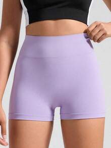 Teen Girls' Purple High-Waist Athletic Shorts, Made From High-Stretch Form-Fitting Fabric With A Sleek And Supportive Design, Perfect For Spring And Summer Activities Including Running, Gym Workouts, And Casual Sporty Wear - Purple - View 3