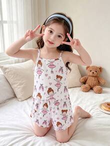1套女童幼兒甜美兔子白色印花荷葉邊下擺無袖短褲睡衣 夏季柔軟輕盈針織家居服 - 彩色 - 查看 5
