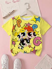 THE POWERPUFF GIRLS X SHEIN 女童夏季休閒卡通印花T恤 - 白色 - 查看 1