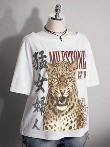 SHEIN ICON 大尺碼女款復古龐克 Y2K 百搭派對中文字豹紋豹圖案 90s Y2K 十字圖案 T恤 - 彩色 - 查看 7