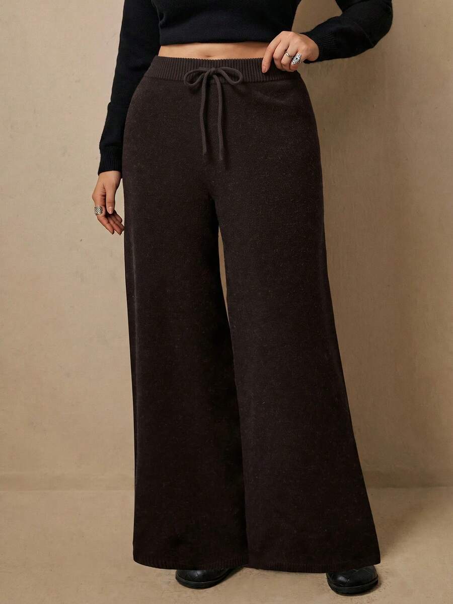 Freevana Women's Plus Size Brown Solid Color Knit Pants With Drawstring, Elastic Waist, Casual Daily Wear For Home And Outings, Autumn/Winter - Brown - View 1