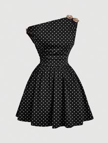 SHEIN MOD 大尺碼女款不對稱單肩黑白休閒連身裙 1920年代優雅 80年代風格 夏季日常 高茶早晨約會晚宴穿搭 - 黑色 - 查看 3