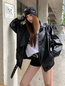 DAZY Jaket Lengan Panjang Gaya Jalanan Korea Wanita dengan Resleting dan Gesper Logam untuk Liburan Musim Gugur - Hitam - View 8