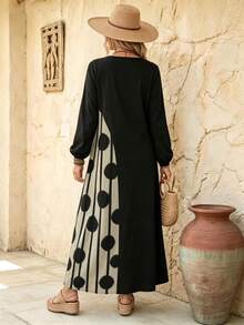 Elouméa Women's Round Neck Black & Apricot Contrast Color Long Sleeve Loose Fit Dress - Black - View 2