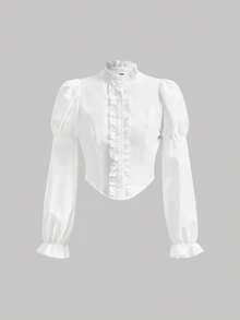 SHEIN MOD Frill Trim Flounce Sleeve Blouse,Long Sleeve Tops - White - View 2