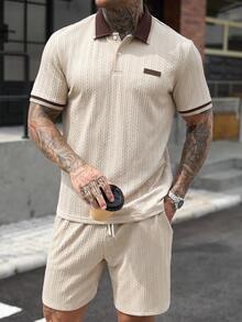 Manfinity CasualCool 男士條紋短袖 Polo 衫與短褲休閒套裝 - 卡其色 - 查看 3