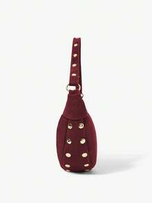 Viva Strut Women's Fashionable Simple Personalized Street Versatile Retro Claret Suede Rivet Design Shoulder Bag, Daily Shopping  School Commuting - Burgundy - View 3