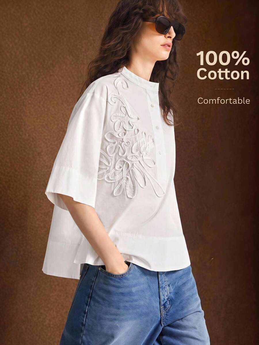 Ontre 2026秋季白色花卉長袖刺繡女式襯衫,極簡端莊優雅,適合辦公室、教師節、海灘穿著、婚禮賓客與派對上衣 - 白色 - 查看 1