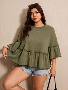 Elaquor Plus Size Solid Color Loose Fit Ruffle Trim T-Shirt Women's Tops And Blouses Casual Simple Boho Outfits Vacation Olive Green Summer - Green - View 5